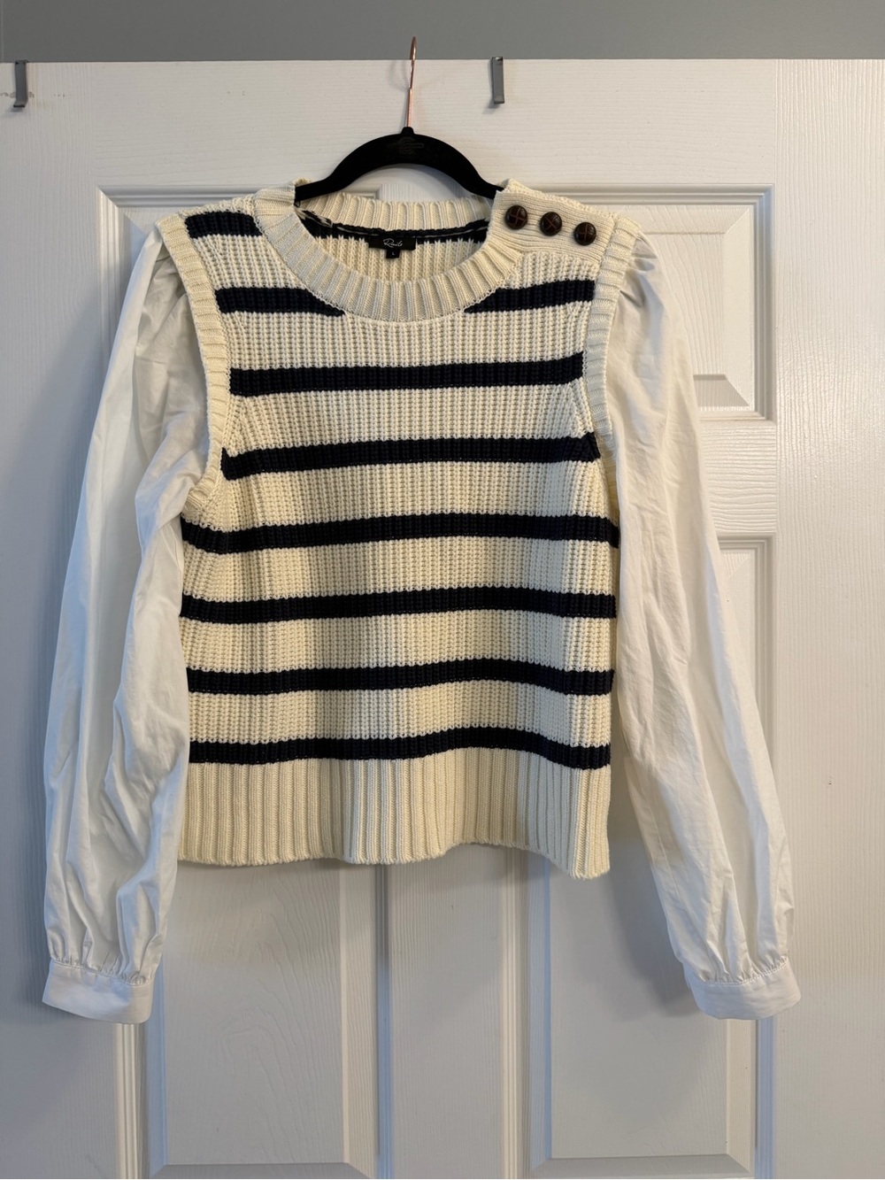 Rails Bambi Cream & Navy Striped Crew Neck Sweater Vest with Shoulder Buttons